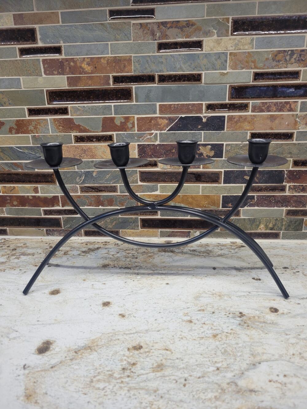 Vintage Black Wrought Iron Candelabra 4 Cup Arch Table Centerpiece Candle Holder